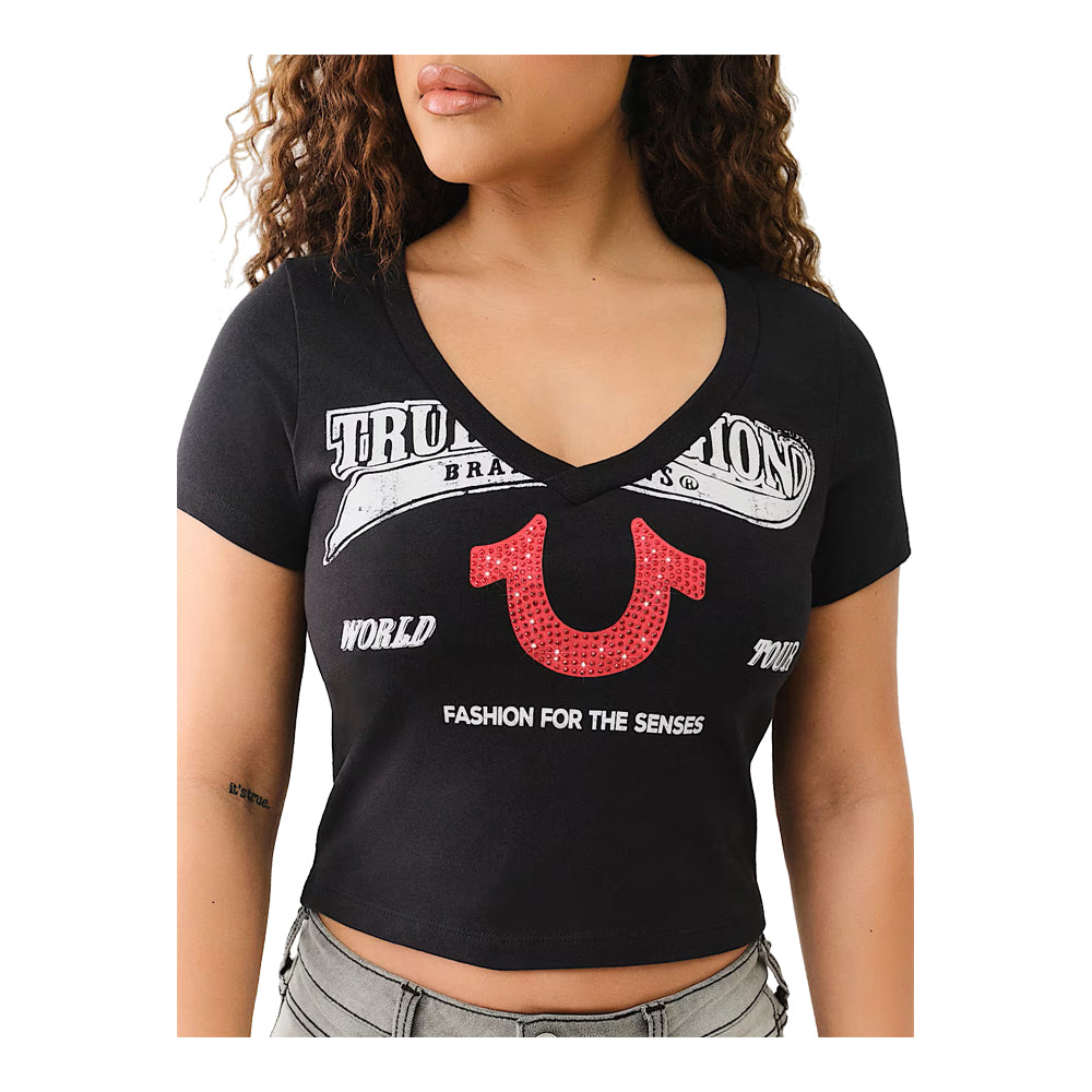 True Religion Women's Crystal Horseshoe V Neck Baby Tee - Black 4