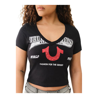 True Religion Women's Crystal Horseshoe V Neck Baby Tee - Black 4