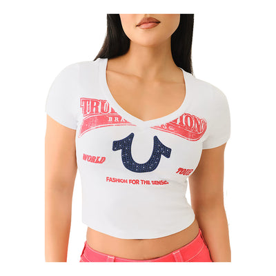 True Religion Women's Crystal Horseshoe V Neck Baby Tee - White 4