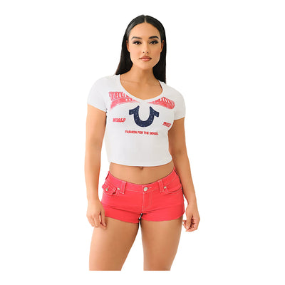 True Religion Women's Crystal Horseshoe V Neck Baby Tee - White 5