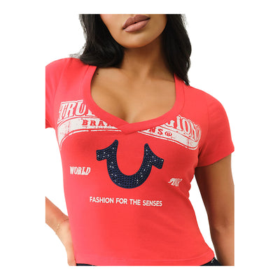 True Religion Women's Crystal Horseshoe V Neck Baby Tee - Red 3