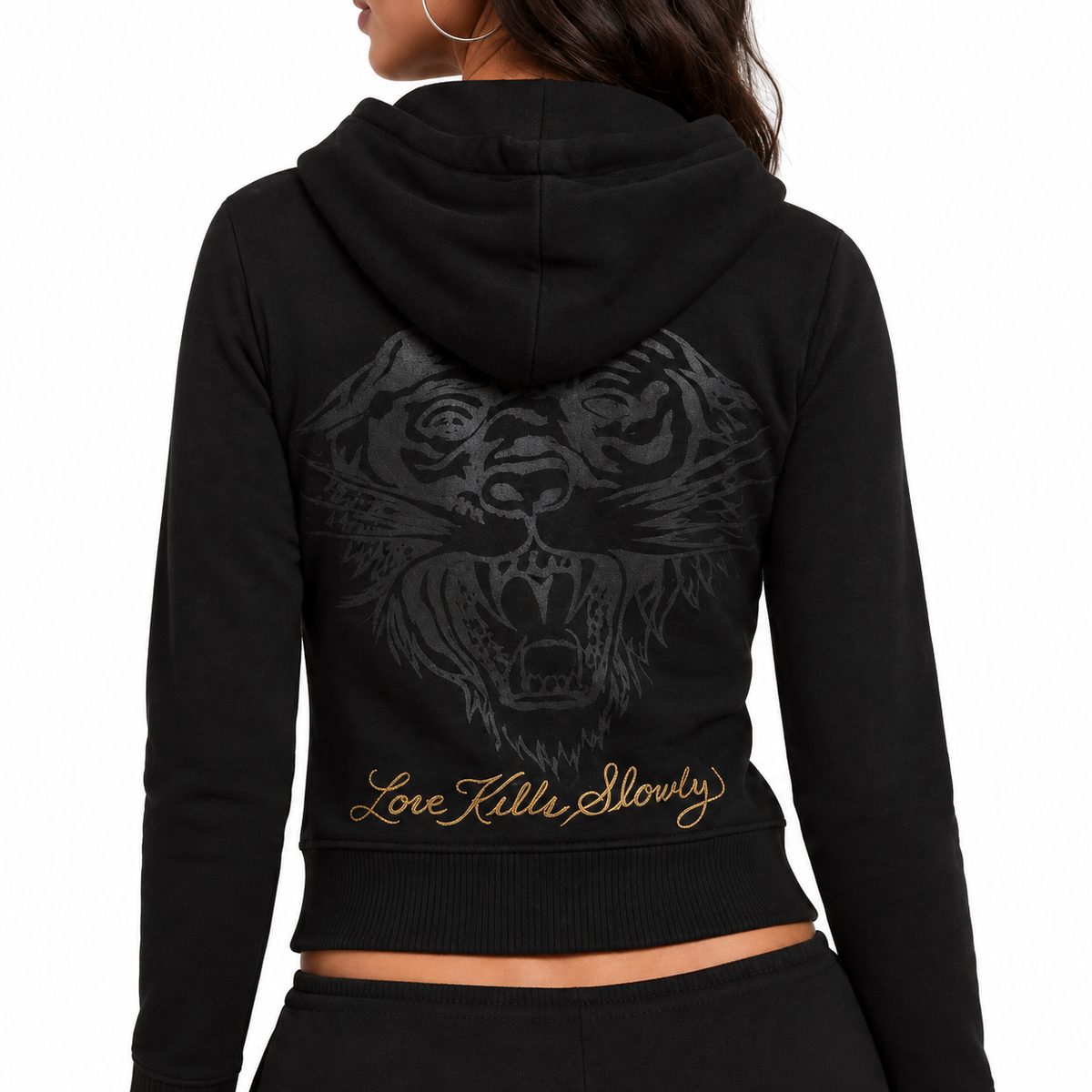 Women's Ed Hardy Cropped Panther Full Zip Hoodie Black EHW1800-116