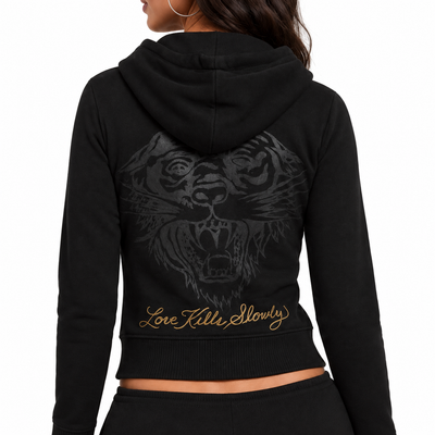 Women's Ed Hardy Cropped Panther Full Zip Hoodie Black EHW1800-116