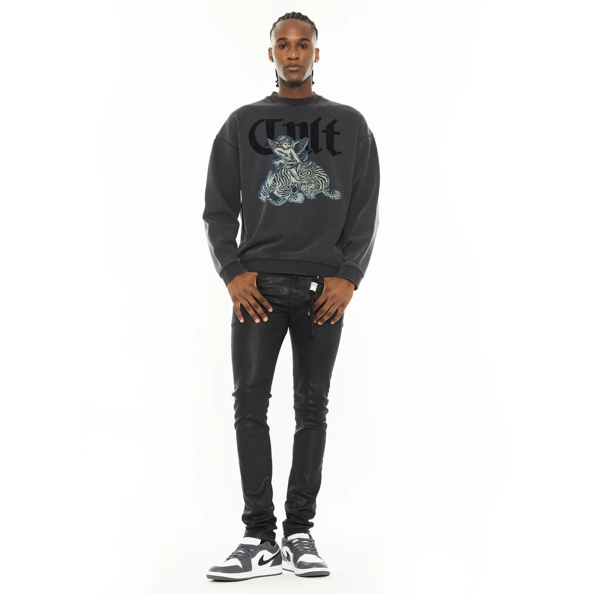 Men's Cult of Individuality Novelty Fleece Crew Sweatshirt in Vintage Charcoal