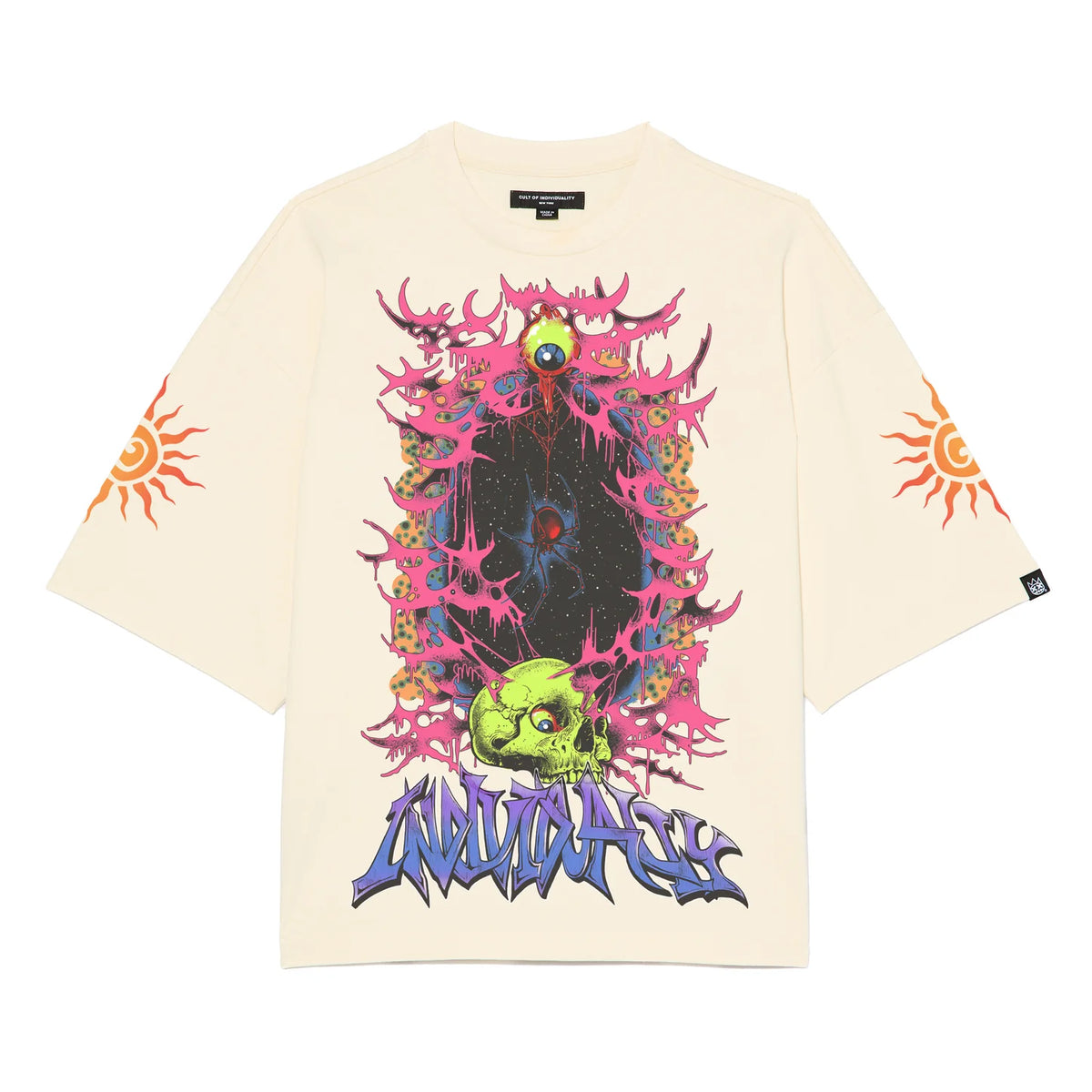 Men's Cult Of Individuality Oversized Short Sleeve Crew Neck Tee "Along Came A Spider" in Winter White