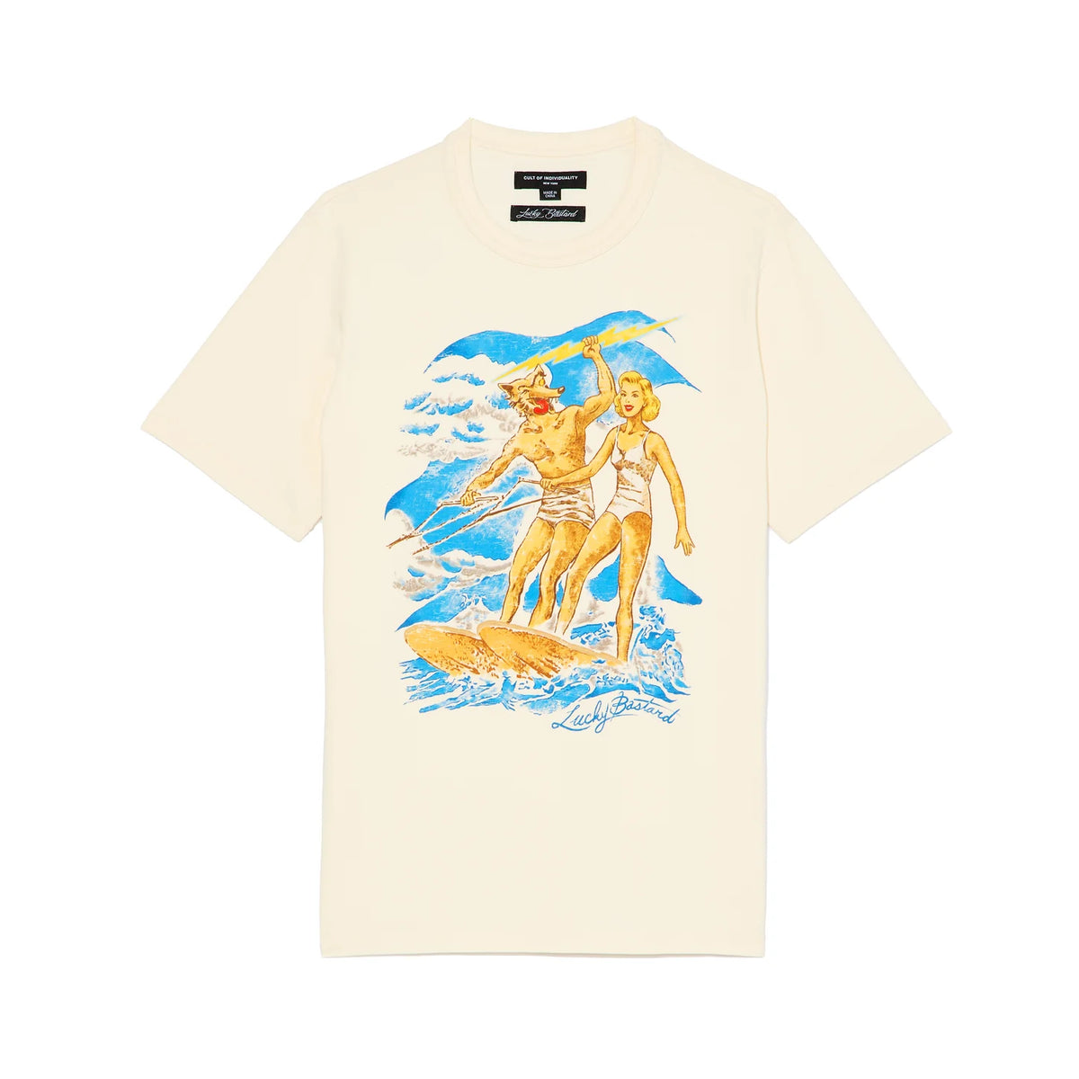 Men's Cult Of Individuality Lucky Bastard Short Sleeve Crew Neck Tee "Surfin Usa" in Winter White