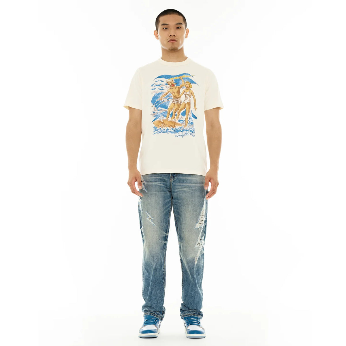 Men's Cult Of Individuality Lucky Bastard Short Sleeve Crew Neck Tee "Surfin Usa" in Winter White