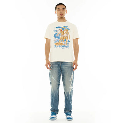 Men's Cult Of Individuality Lucky Bastard Short Sleeve Crew Neck Tee "Surfin Usa" in Winter White