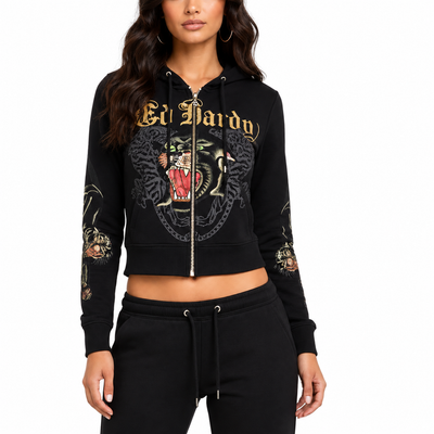 Women's Ed Hardy Cropped Panther Full Zip Hoodie Black EHW1800-116