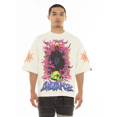 Men's Cult Of Individuality Oversized Short Sleeve Crew Neck Tee "Along Came A Spider" in Winter White