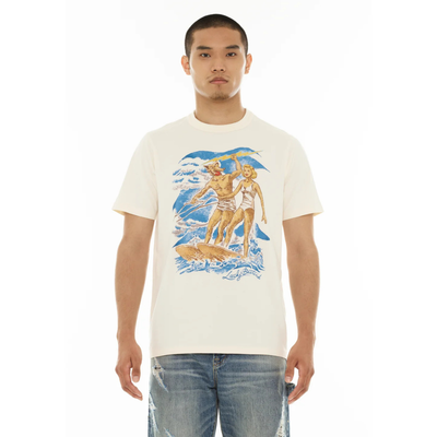 Men's Cult Of Individuality Lucky Bastard Short Sleeve Crew Neck Tee "Surfin Usa" in Winter White