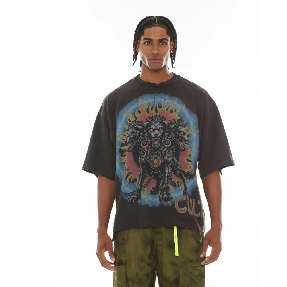 Men's Cult of Individuality Oversized Short Sleeve Crew Neck Tee "May The Bridges I Burn" in Vintage Charcoal