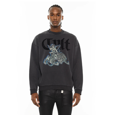 Men's Cult of Individuality Novelty Fleece Crew Sweatshirt in Vintage Charcoal