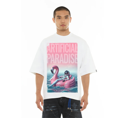 Men's Cult of Individuality Oversized Short Sleeve Crew Neck Tee "Artificial Paradise" in White