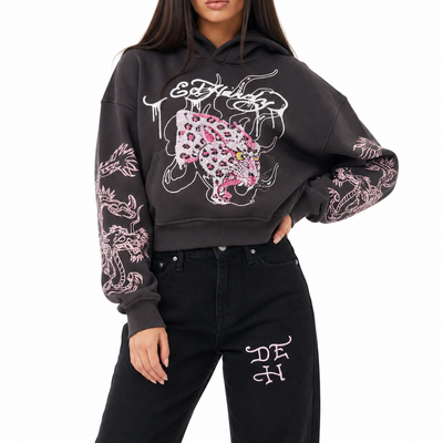 Women's Ed Hardy Leopard Cropped Hoodie Espresso/Pink EHW1810-2RS