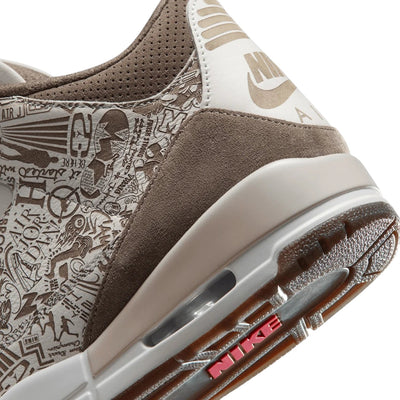 City Jeans Men's Air Jordan 3 Retro sneaker featuring phantom and palomino laser-etched patterns and university red logo