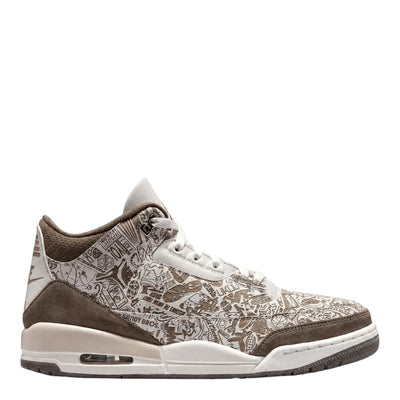 City Jeans Men's Air Jordan 3 Retro Laser sneakers in phantom, university red, palomino, and sail with graphic print.