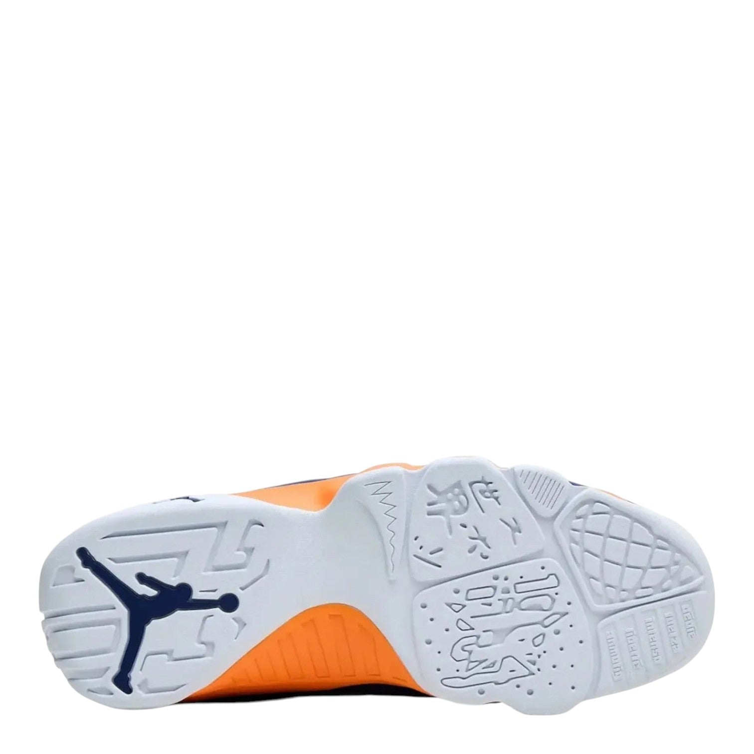 City Jeans Men's Air Jordan 9 Low What The Kilroy sneaker outsole featuring blue Jumpman logo and white tread pattern