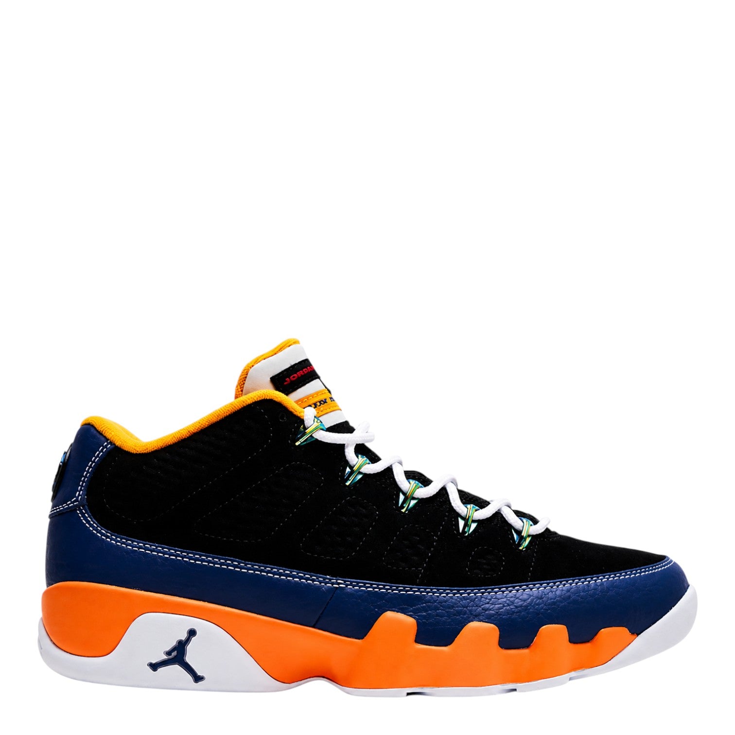 City Jeans Men's Air Jordan 9 Low sneakers in black, deep royal blue, and challenge red with white accents