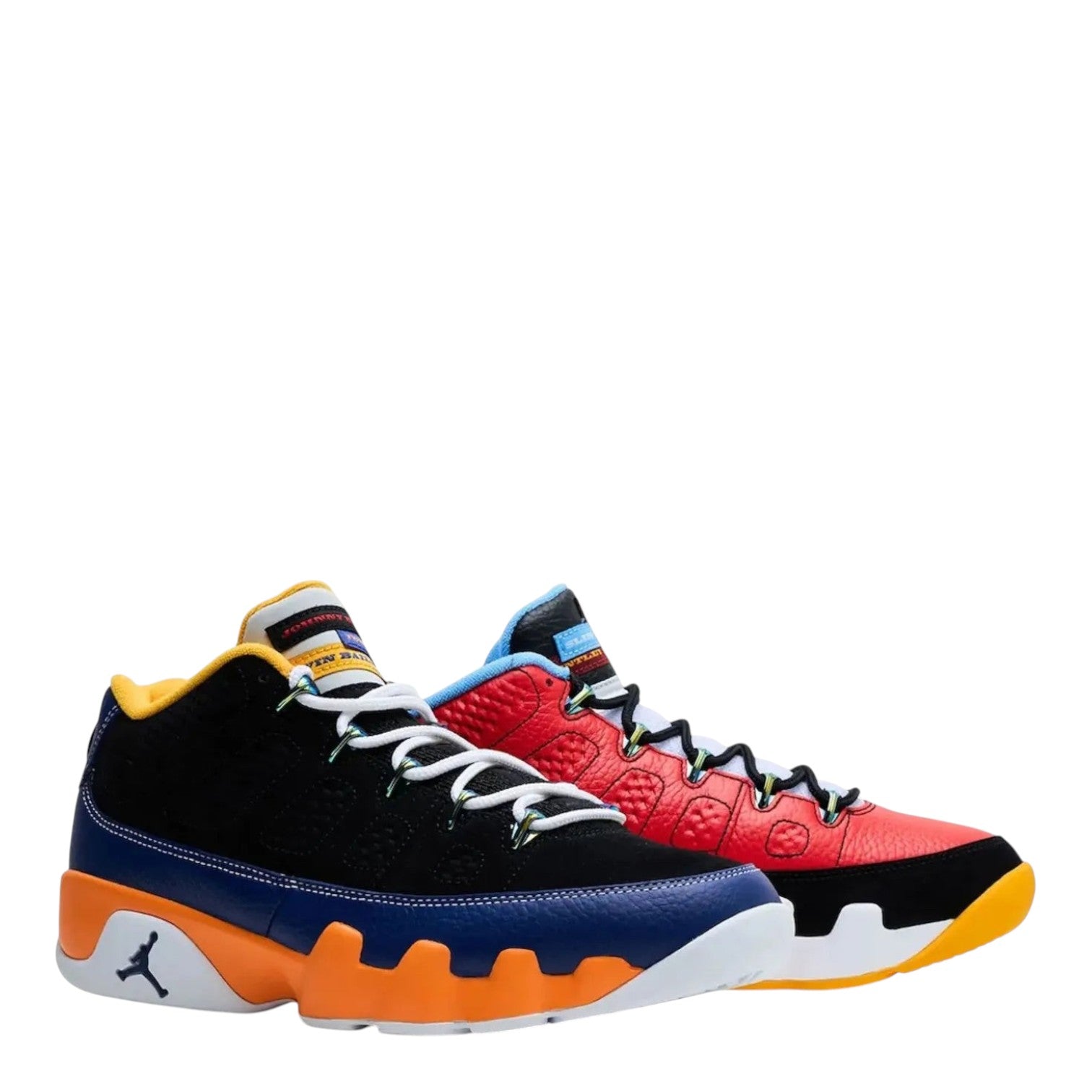 City Jeans Men's Air Jordan 9 Low What The Kilroy sneakers in black, royal blue, red, and white leather