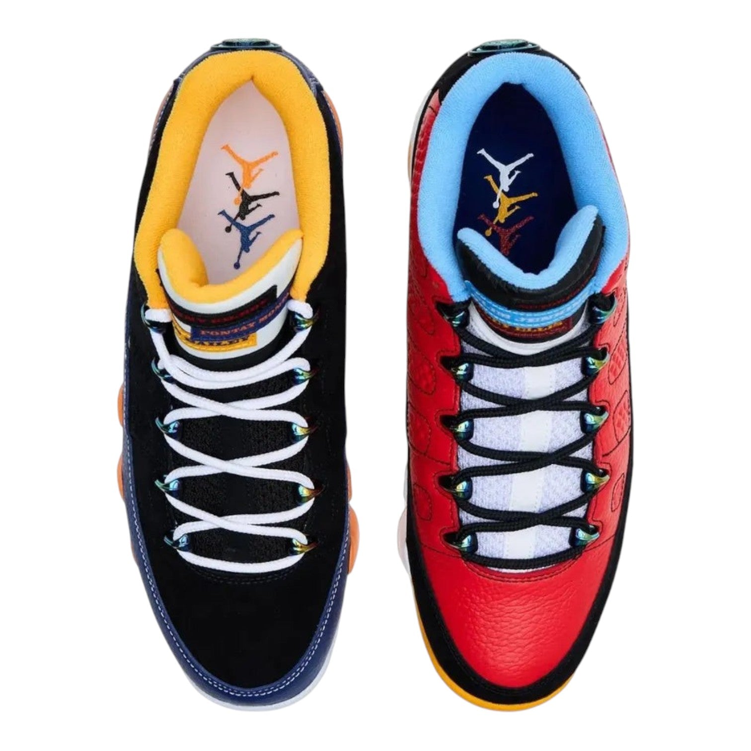 City Jeans Men's Air Jordan 9 Low What The Kilroy sneakers featuring mismatched black and red leather panels