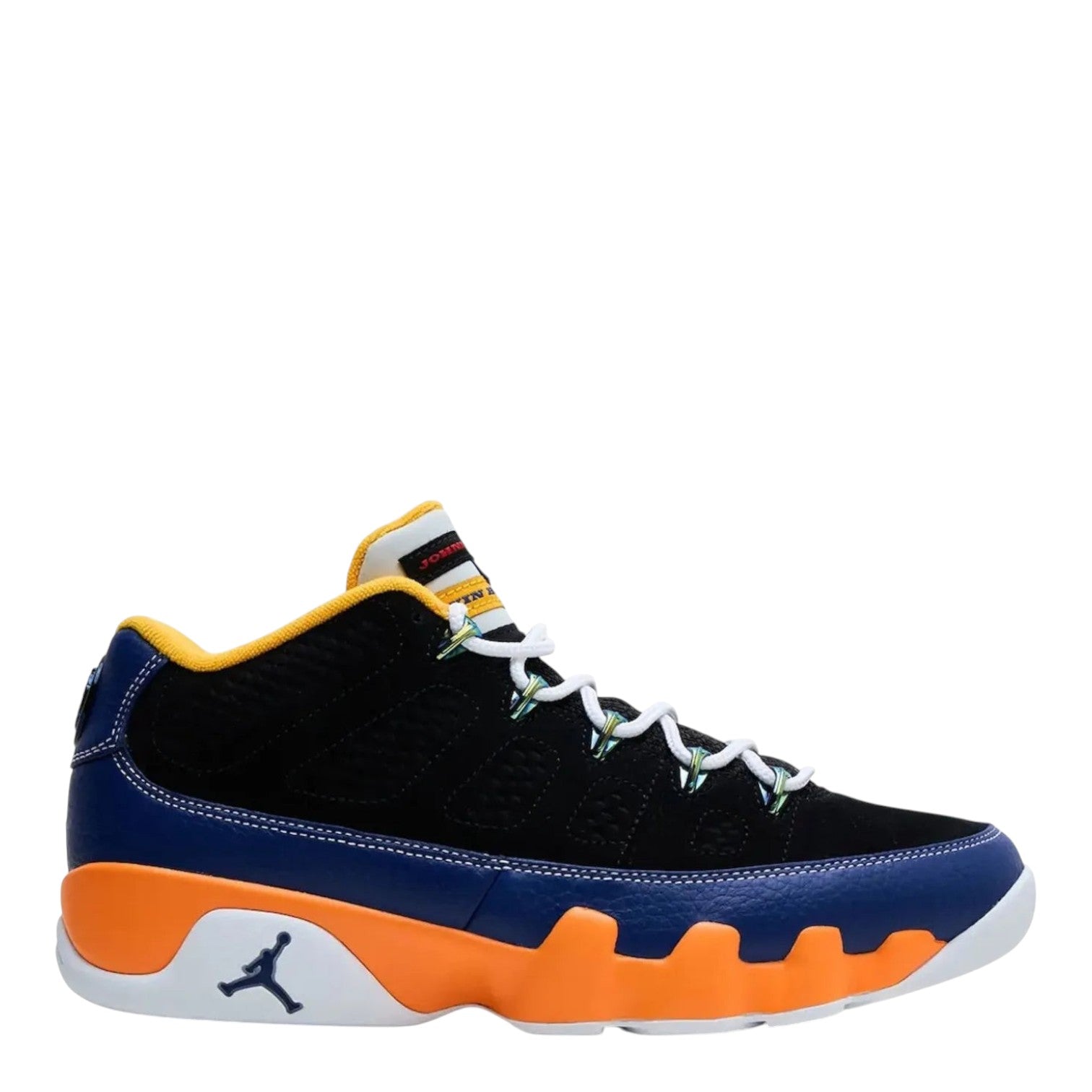City Jeans Men's Air Jordan 9 Low What The Kilroy sneakers in black, royal blue, and orange with white accents