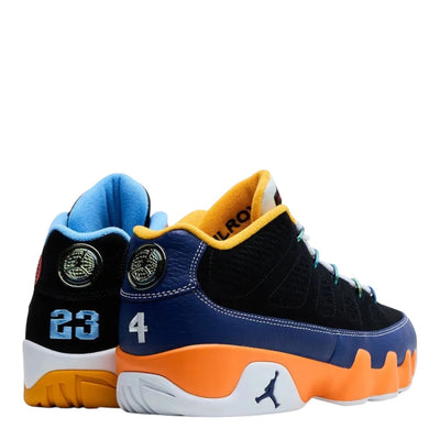 City Jeans Men's Air Jordan 9 Low What The Kilroy sneakers in black, blue, orange, and white with 23 and 4 detailing.