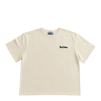 City Jeans beige cotton t-shirt with Red Letters chain stitch embroidery on the chest and dropped shoulder fit