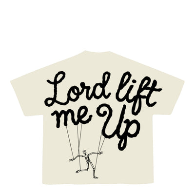 City Jeans beige t-shirt with Lord Lift Me Up graphic and marionette illustration on the back