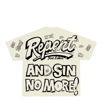 City Jeans beige oversized t-shirt with black graphic text Repent and Sin No More on the back