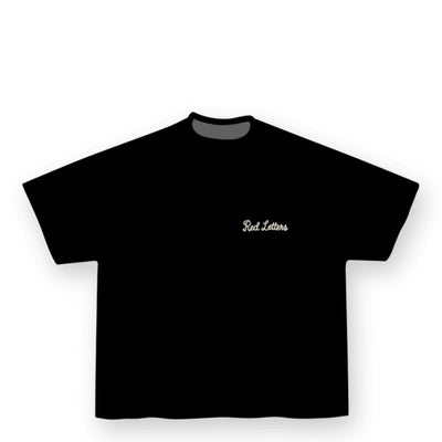 City Jeans black cotton t-shirt with Red Letters chain stitch embroidery on the chest and dropped shoulder fit