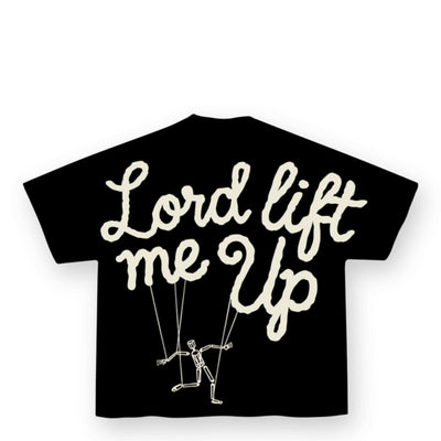 City Jeans black dropped shoulder t-shirt with Lord Lift Me Up graphic and puppet illustration on the back