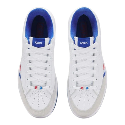 City Jeans Reebok x G-Unit G6 men's sneakers in white leather and suede with blue and red accents, top-down view.