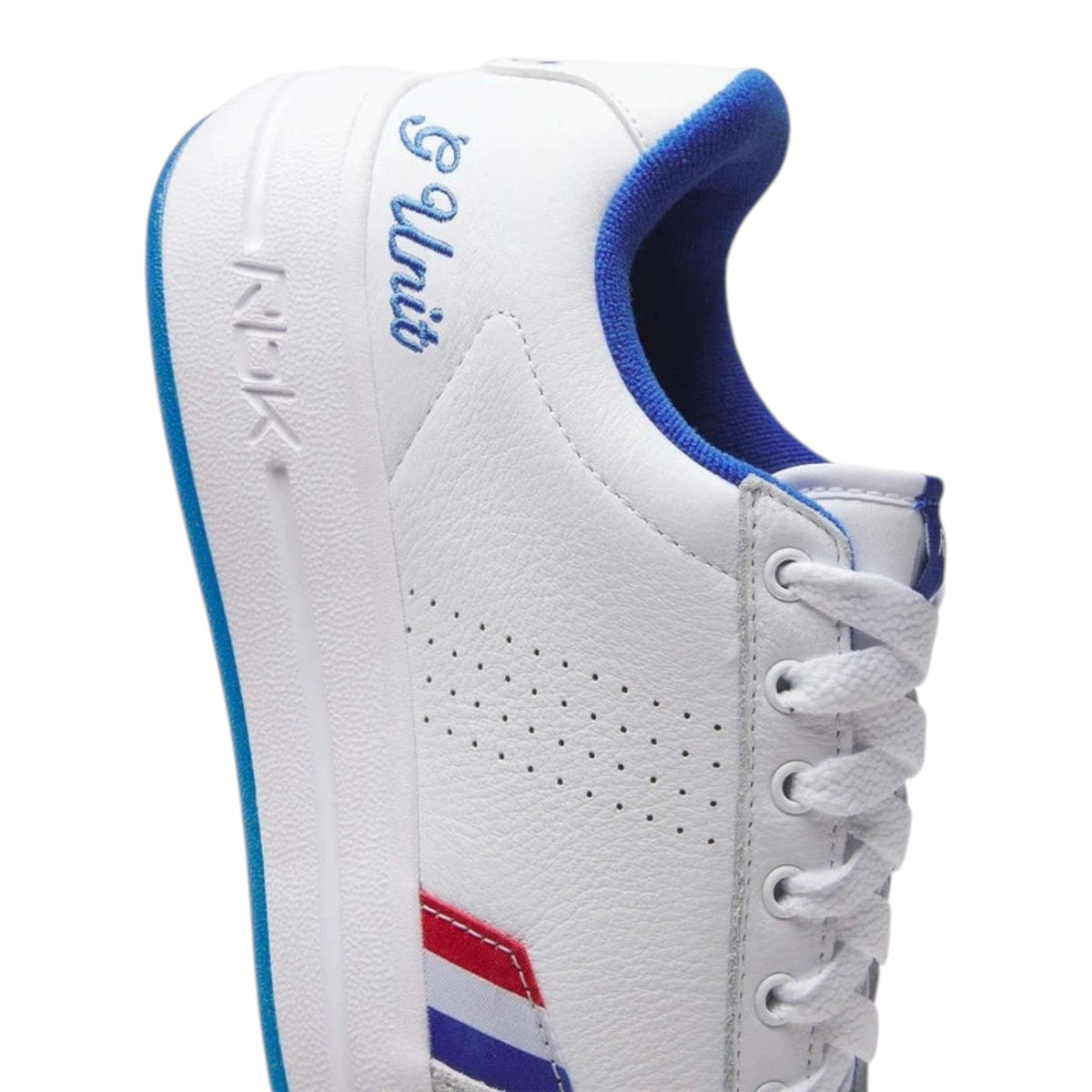 City Jeans Reebok x G-Unit G6 white leather sneaker with blue lining and G-Unit logo detail on the heel