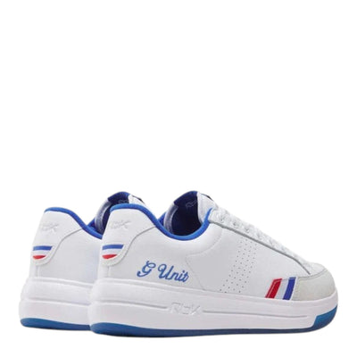 City Jeans Reebok x G-Unit G6 men's white leather and suede sneakers with blue accents and G-Unit logo detailing