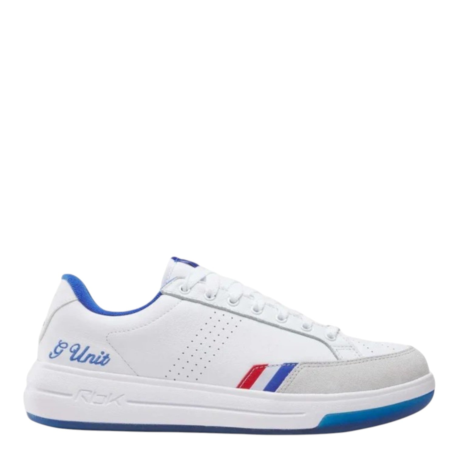 City Jeans Reebok x G-Unit G6 men's white leather and suede sneakers with blue accents and ice rubber outsole