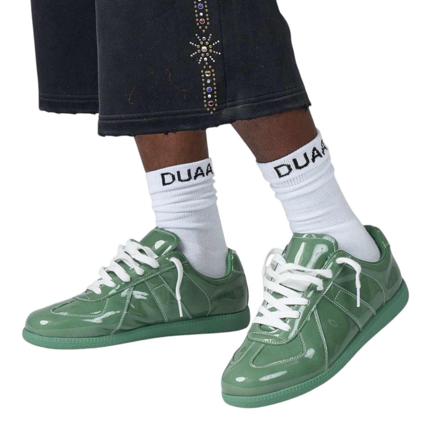 City Jeans Men's Duaa sage green patent leather low-profile trainer with white laces and tonal rubber sole