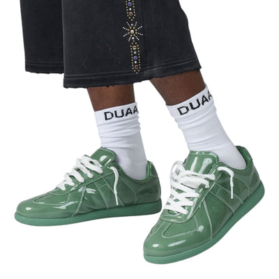 City Jeans Men's Duaa sage green patent leather low-profile trainer with white laces and tonal rubber sole