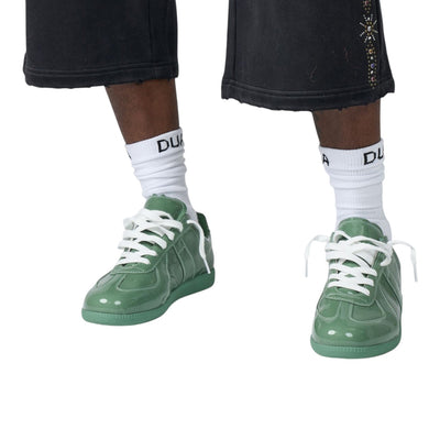 City Jeans men's sage green patent leather low-profile trainers with white laces and tonal rubber soles