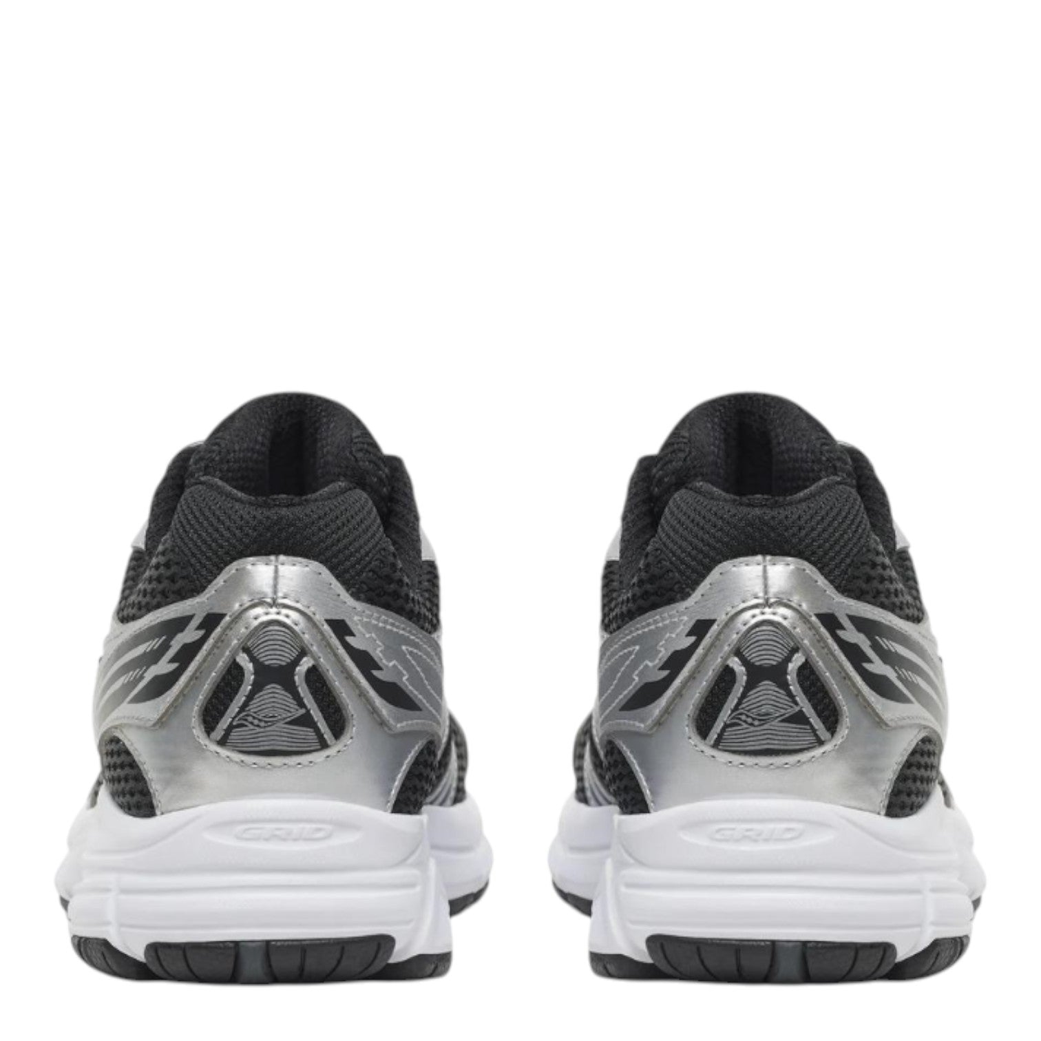 City Jeans Saucony Grid Legacy men's sneakers in black and silver, showing the reflective heel and mesh detail.