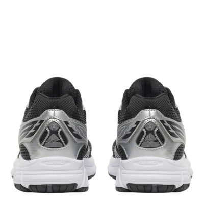 City Jeans Saucony Grid Legacy men's sneakers in black and silver, showing the reflective heel and mesh detail.