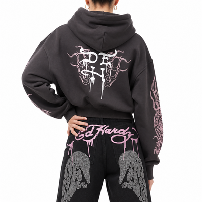 Women's Ed Hardy Leopard Cropped Hoodie Espresso/Pink EHW1810-2RS