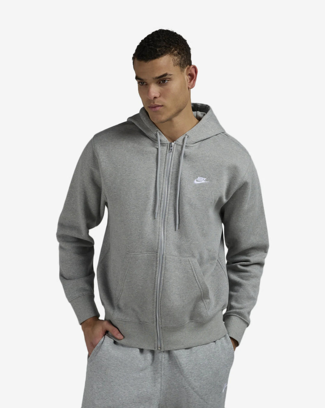 Men's Nike Club Full-Zip Fleece Hoodie -Dark Grey Heather/Light Smoke Grey/White 1